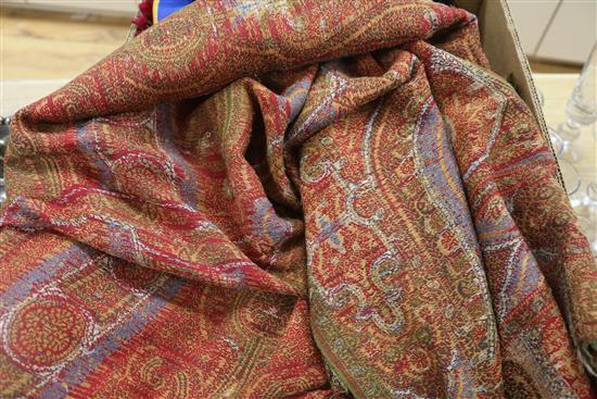Three Paisley shawls, a women silk stole, kelim etc